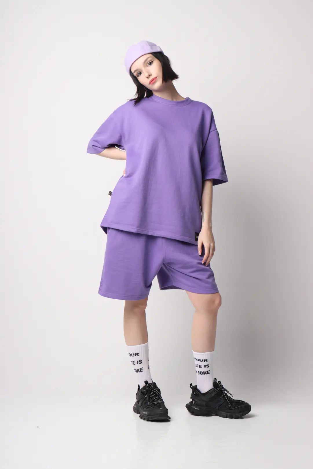 Exclusive Purple Outfit Set – T-Shirt, Shorts & Docker Cap - Street Society