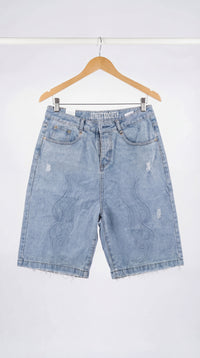 Unisex's loose-fit long denim shorts made from heavyweight, premium-quality denim. Designed with a relaxed silhouette for comfort and durability, featuring a unique design by Street Society.