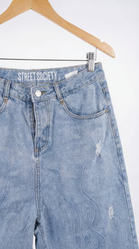 Unisex's loose-fit long denim shorts made from heavyweight, premium-quality denim. Designed with a relaxed silhouette for comfort and durability, featuring a unique design by Street Society.