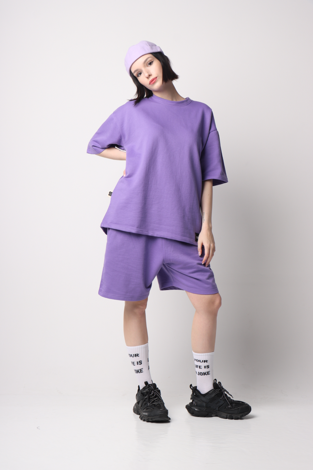 Exclusive Purple Outfit Set – T-Shirt, Shorts & Docker Cap